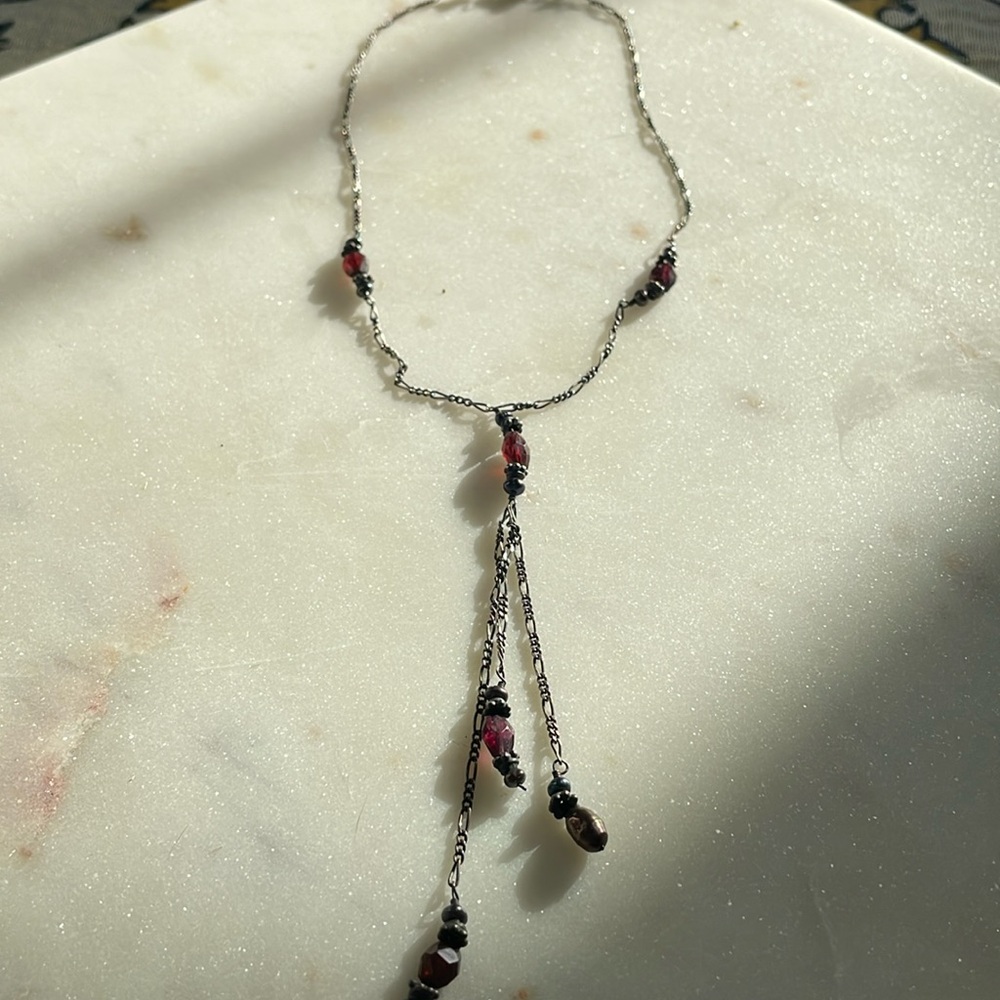 Antique sterling silver garnet and cultured pearl Y shaped necklace